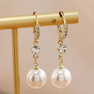 Elegant Lever back Faux Pearl Drop Earrings with CZ Accents